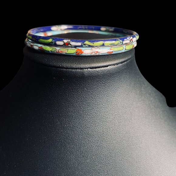 Vintage Cloisonne Bangle Bracelet Set Enamel Floral Jewelry Stackable Boho Chic - Picture 6 of 7